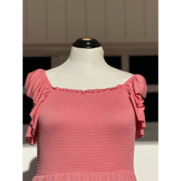 Liberty Love Women's 2XL Pink Smocked Tiered Midi Dress Short Sleeve Ruffle - Picture 2 of 11